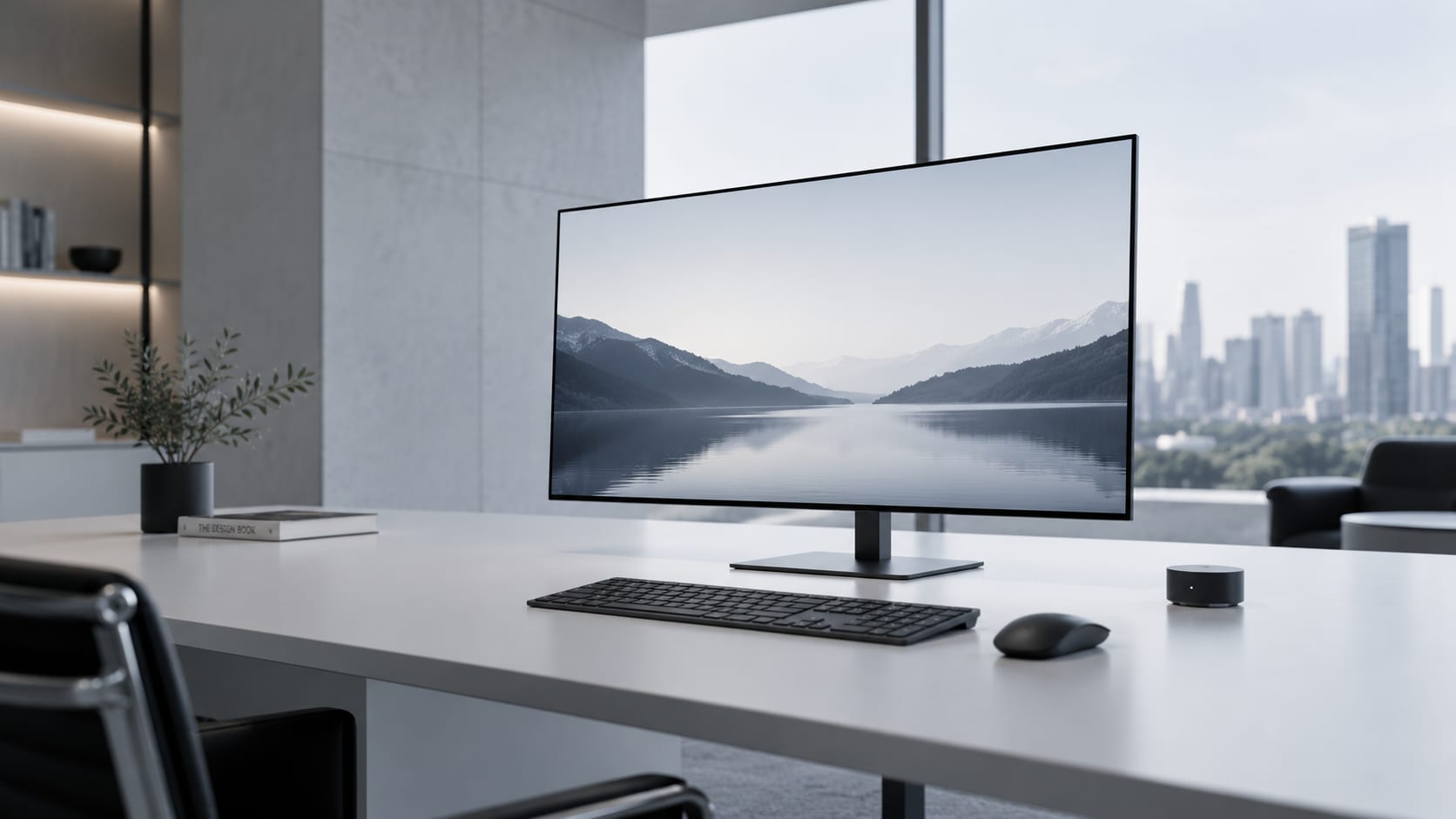 Mesa de trabalho branca com um monitor largo, teclado e mouse, diante de uma janela com a cidade ao fundo.